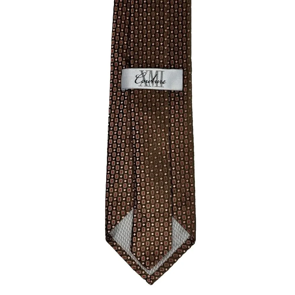XMI COUTURE Men's Silk Tie Dark Brown Green Red Peach Geometric Texture 59